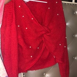 Red pearl studded sweater crop top